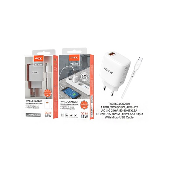 CARREGADOR ADAPTADOR RÁPIDO MTK TA0269 BL COM MICROUSB 1 PORTAS USB BRANCO